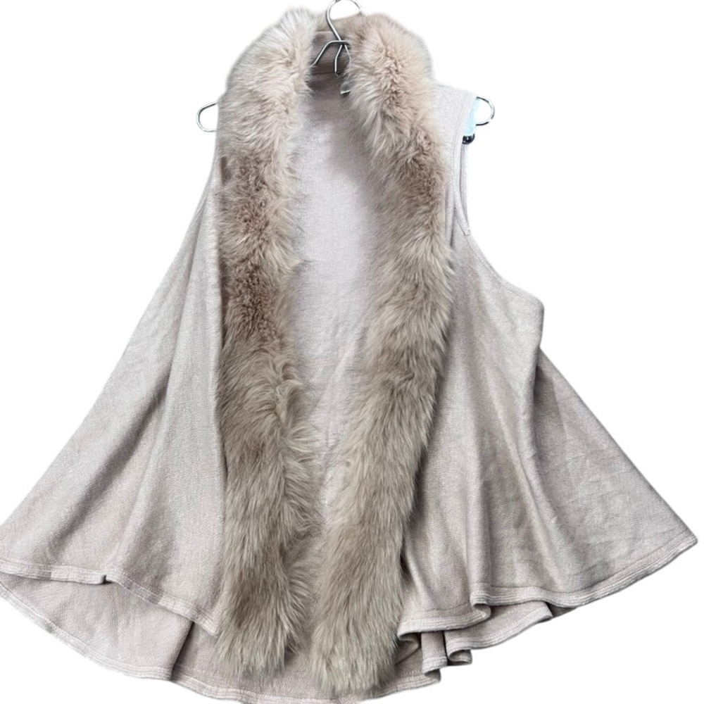 Faux Fur Collar Sleeveless Cardigan Open Front Knit Vest M Boho Chic Cozy‎ Layer